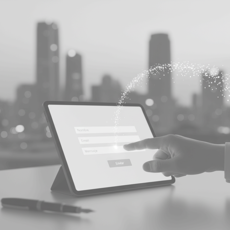 Imagen de contacto Pantalla de tablet con formulario, mano tocando botón y ciudad de fondo.