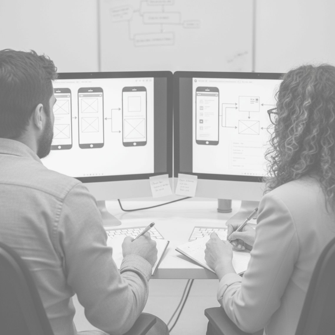 Manos escribiendo en una pizarra con esquemas y notas sobre diseño y procesos.